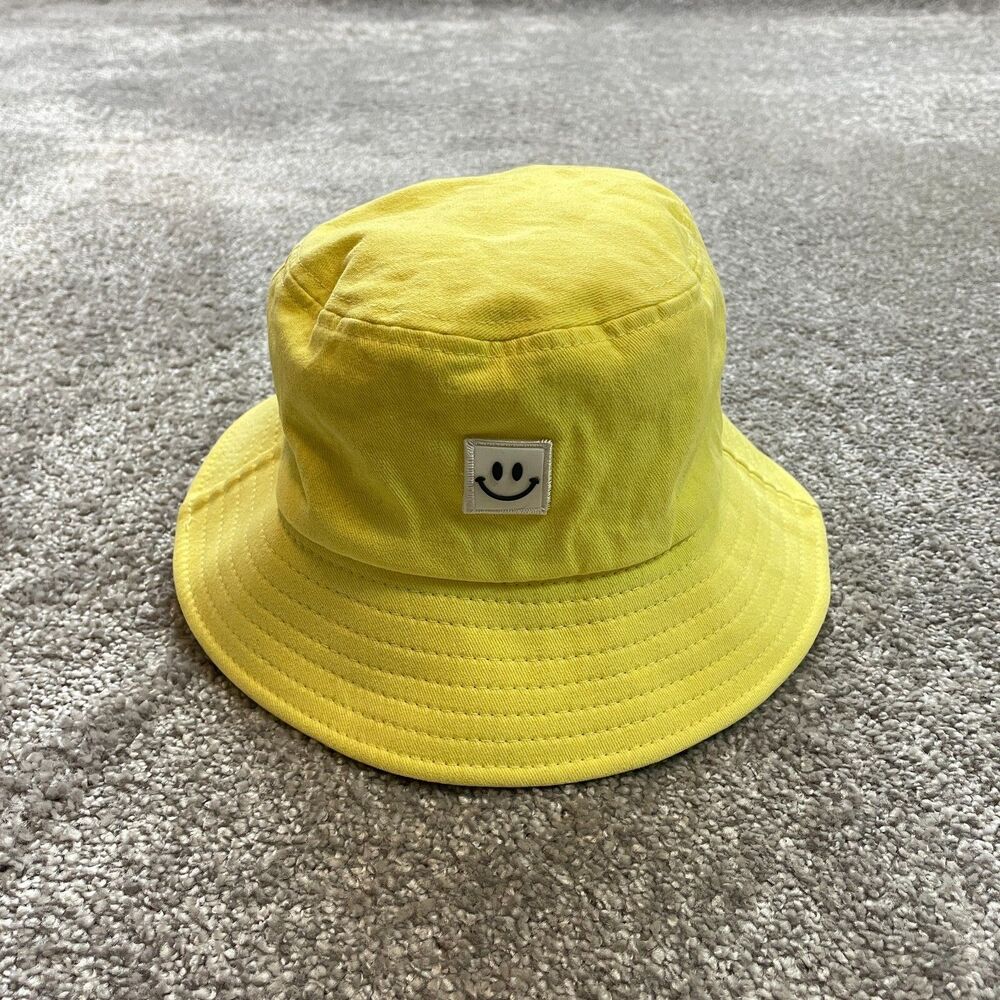 Unbranded Bucket Hat Adult One size Yellow Embroidered Smiley Face Logo Cotton